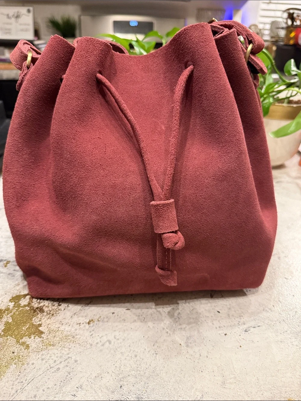 Portland Leather Good Suede Drawstring Shoulder Bag in Burgundy Rose - Picture 1 of 9